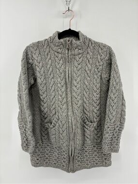 Aran Mor 100% Merino Wool Women's Gray Cable Knit Full Zip Cardigan